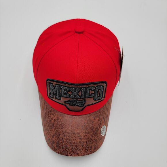 Mexico Hat Cap Strap Back Red Brown Distressed Bill Embroidered Patch Mens - Picture 5 of 7